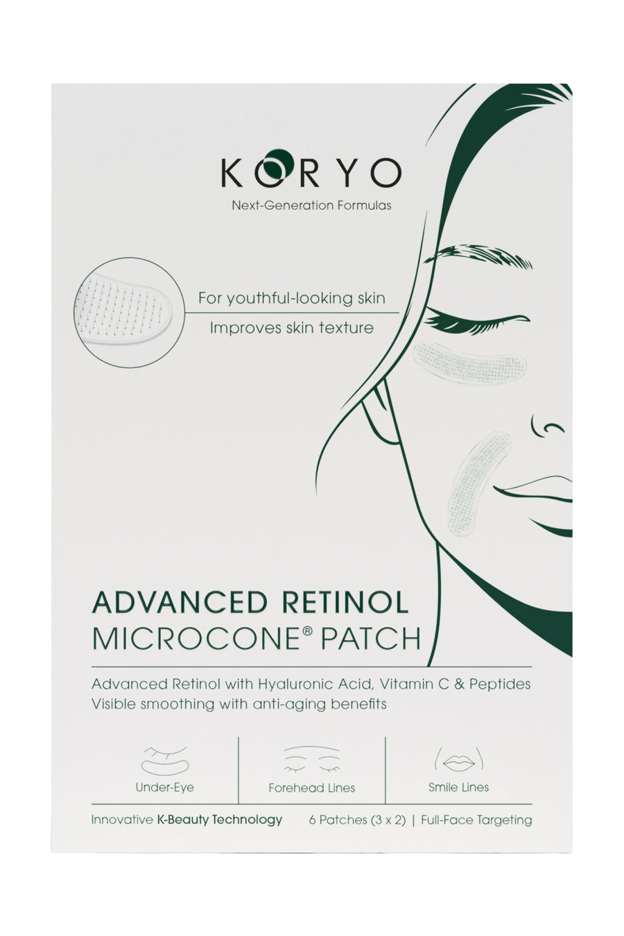 KORYO Advanced Retinol Microcone Patch box, 6 patches for under-eye, forehead and smile lines