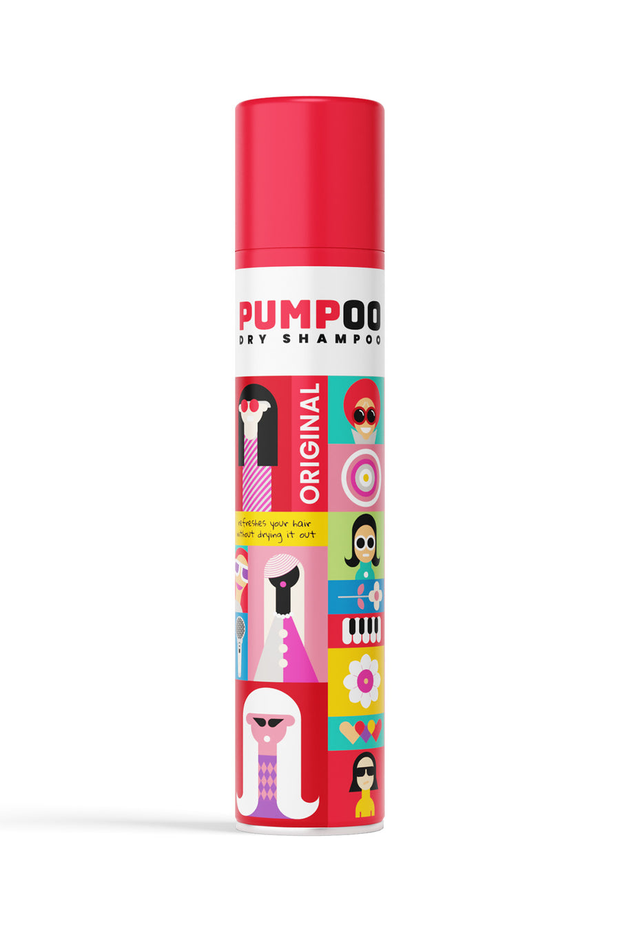 Pumpoo Original dry shampoo, 200 ml can with a red cap and colorful illustrated label