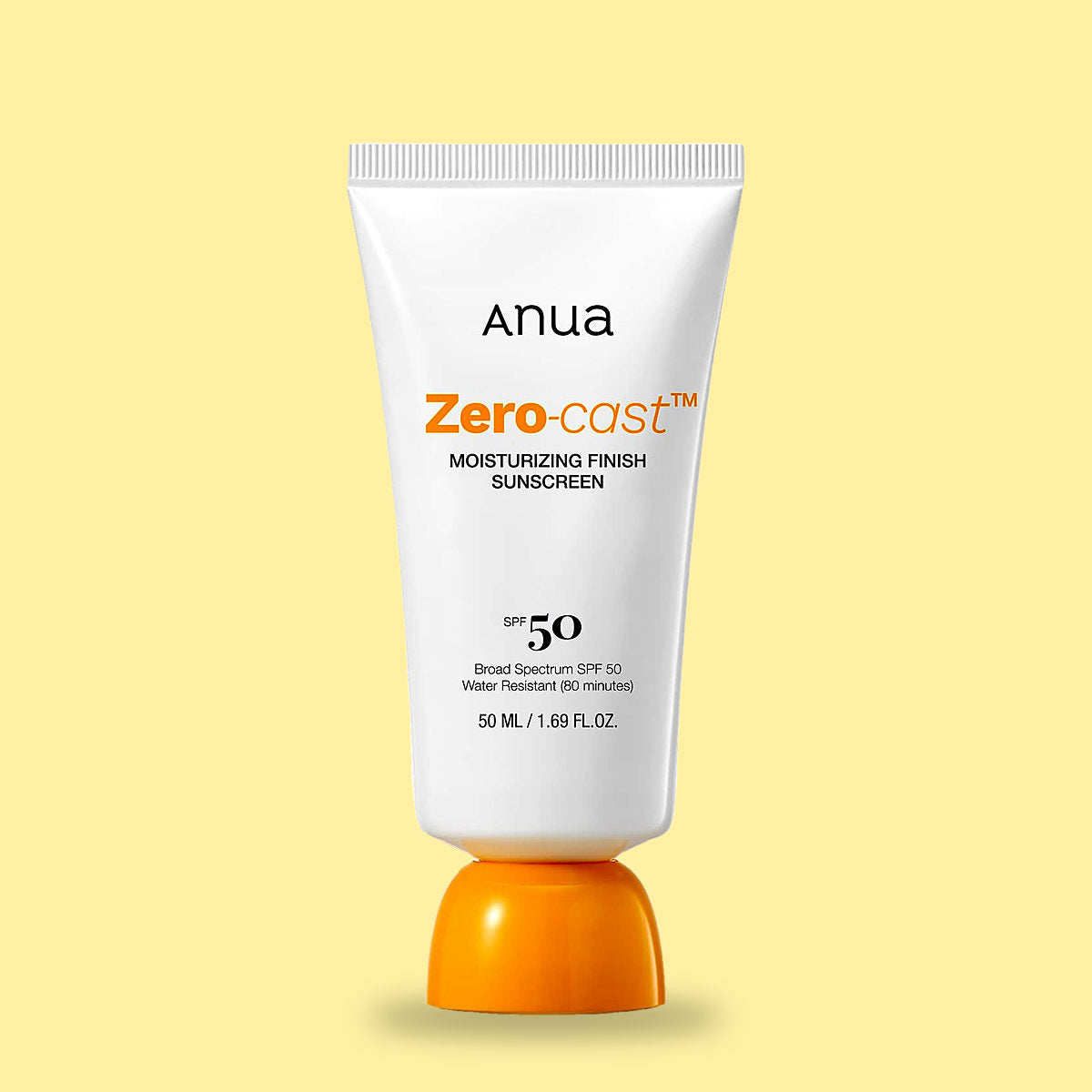Anua Zero-Cast Moisturizing Finish Sunscreen 50ml on a yellow background