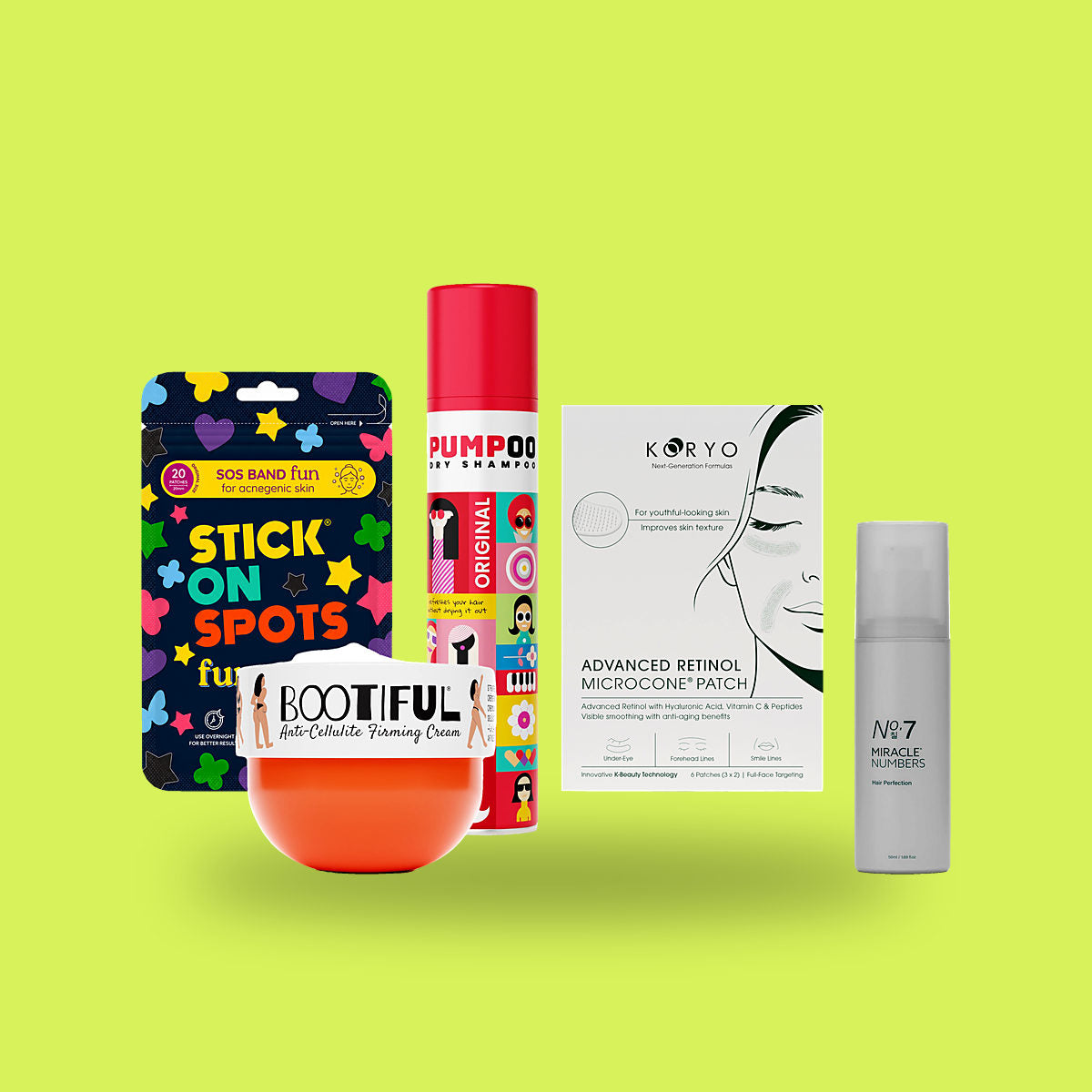 S.O.S Fun - Stick on Spots, KORYO Advanced Retinol Microcone Patch, Pumpoo Original Dry Shampoo, MIRACLE Protein Hair Perfection 50 ml and Bootifull Firming Body Cream on a lime background