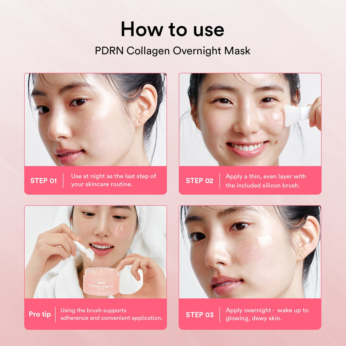 Abib PDRN Collagen Overnight Mask Firming Jelly how-to: apply a thin layer with the silicone brush at night