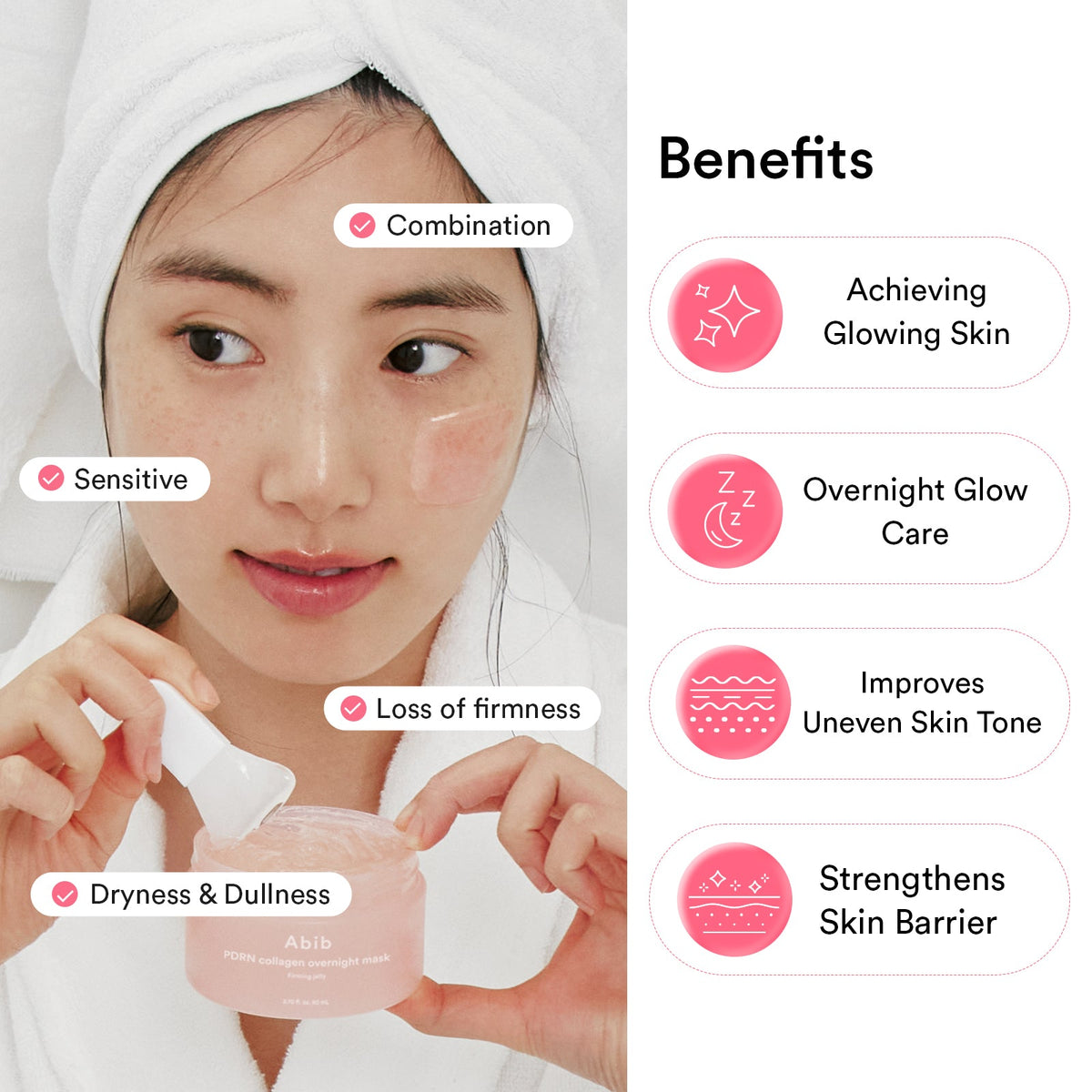 Abib PDRN Collagen Overnight Mask Firming Jelly held by a model with benefit icons