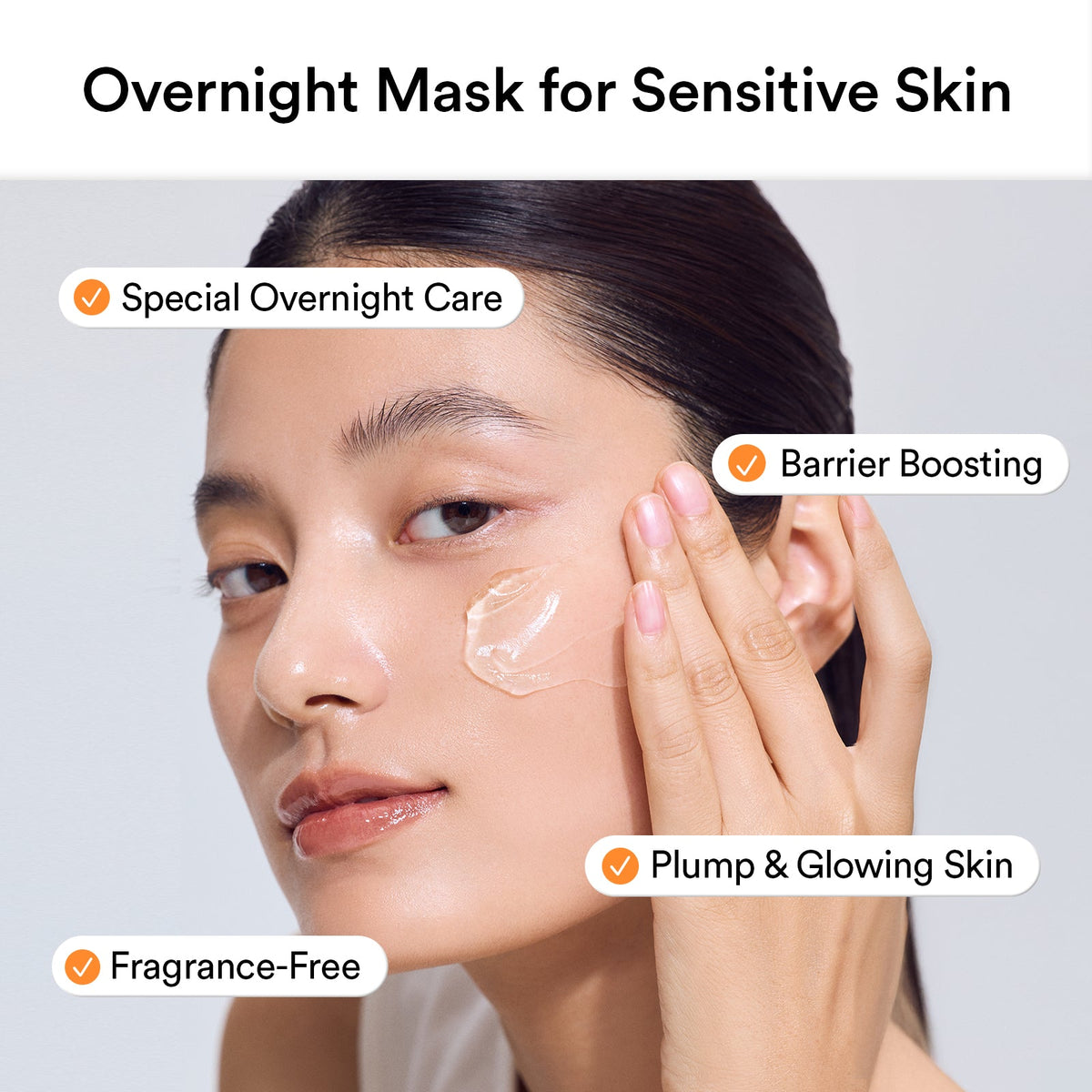 Abib Rice Probiotics Overnight Mask Barrier Jelly applied to the cheek by a model