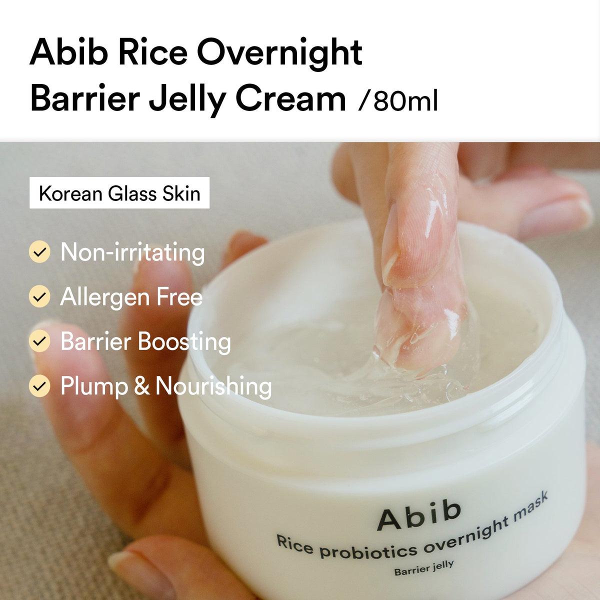 Abib Rice Probiotics Overnight Mask Barrier Jelly open jar with a finger dipping into the clear jelly