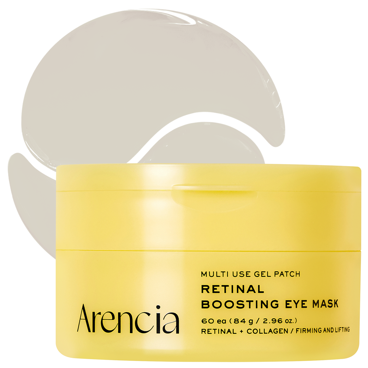 Arencia Retinal Boosting Eye Mask 60 patches yellow jar with two clear hydrogel patches behind it