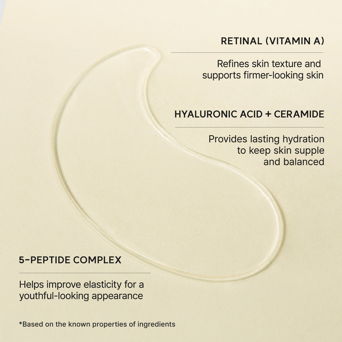 Arencia Retinal Boosting Eye Mask key ingredients: retinal, hyaluronic acid, ceramide, 5-peptide complex