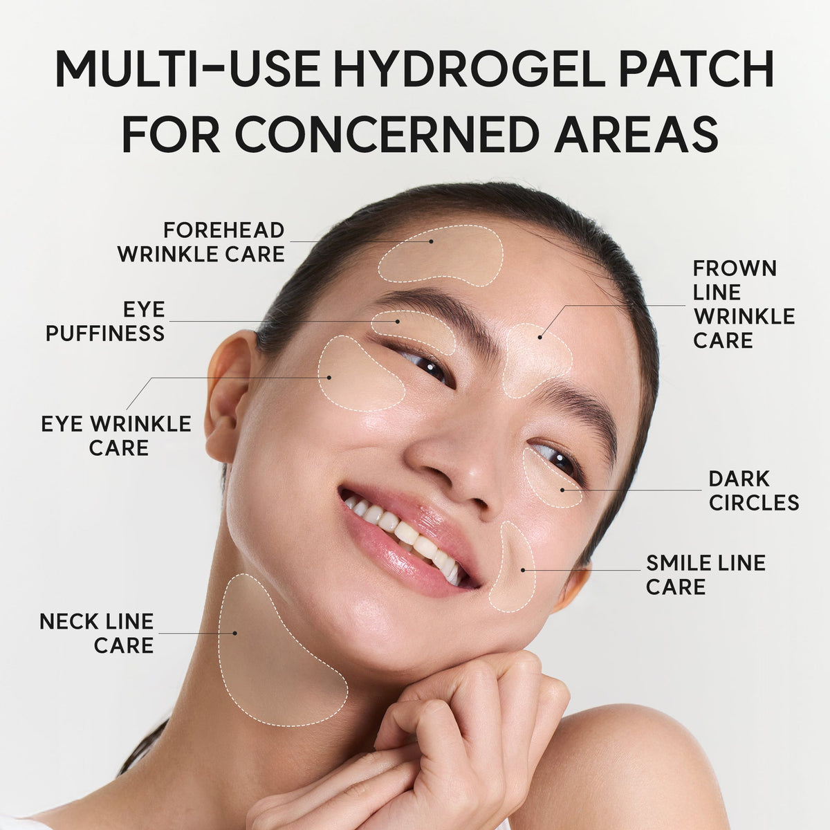 Arencia Retinal Boosting Eye Mask placement guide for under eyes, forehead, smile lines and neck