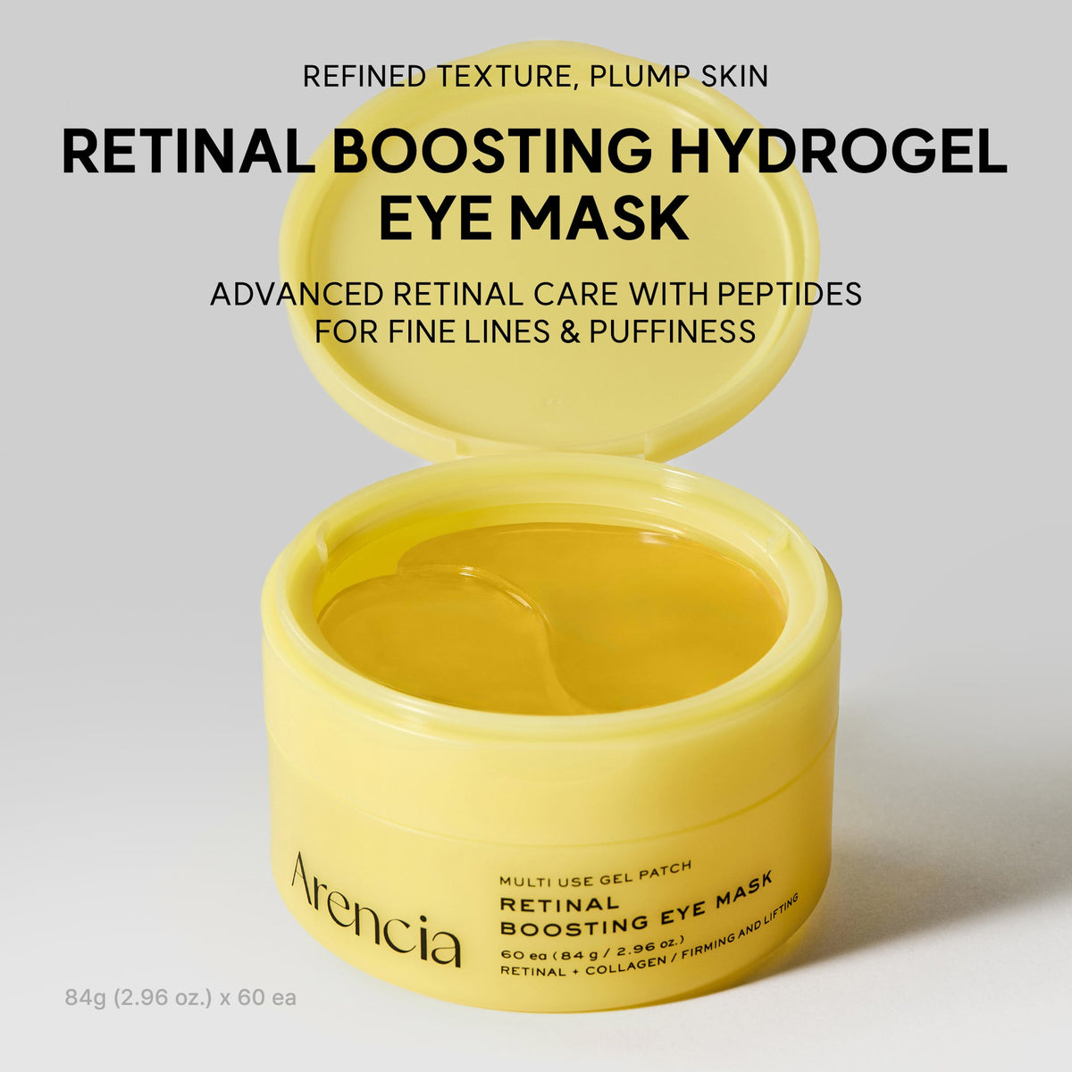 Arencia Retinal Boosting Eye Mask open jar showing the stacked yellow hydrogel eye patches