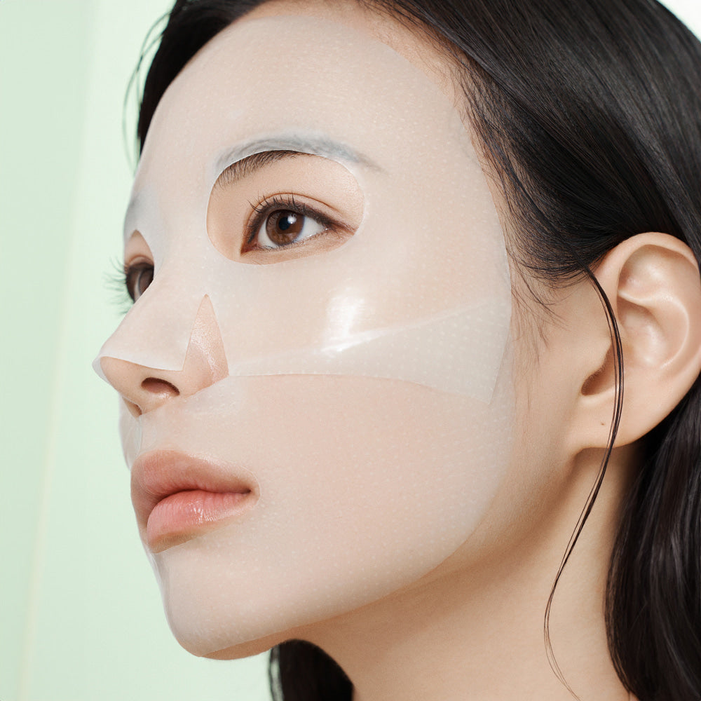 Arocell Cica Repair Panthenol Gel Mask worn by a model, side view of the clear hydrogel