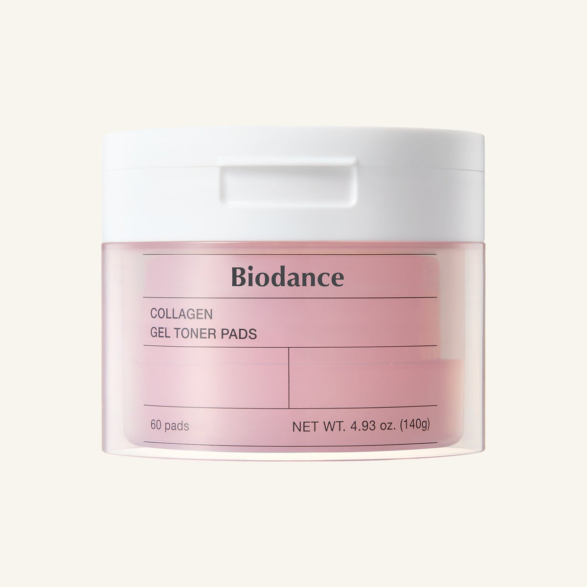 Biodance Collagen Gel Toner Pads 60 pads pink jar with white lid on an off-white background