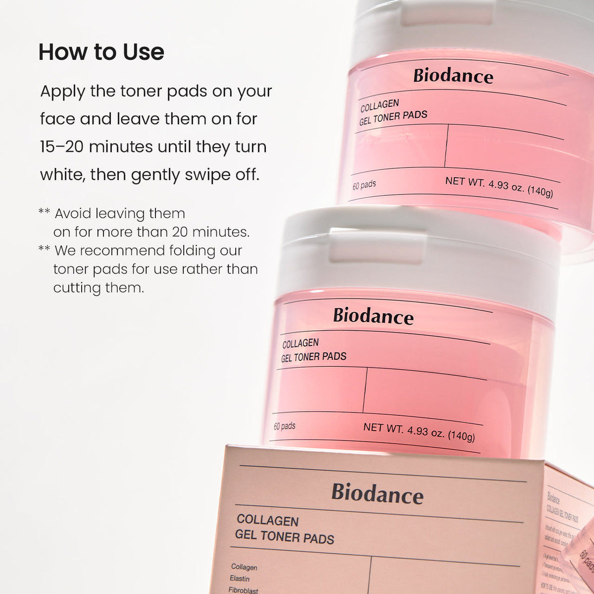 Biodance Collagen Gel Toner Pads how-to: leave on 15 to 20 minutes until pads turn white, then swipe