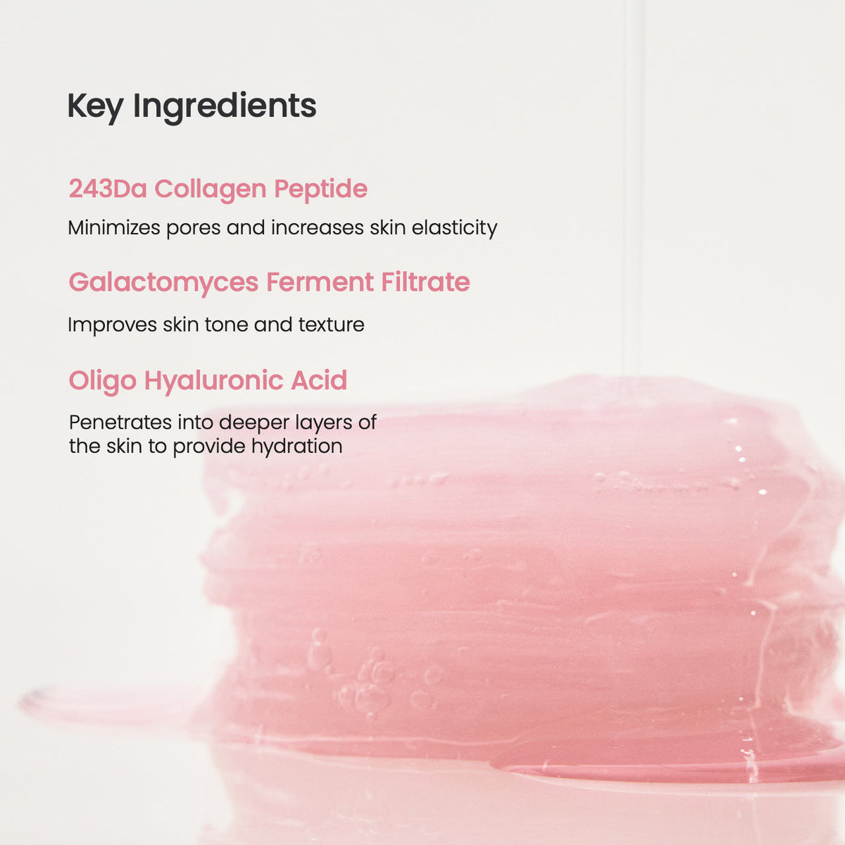 Biodance Collagen Gel Toner Pads key ingredients over a stack of pink gel pads
