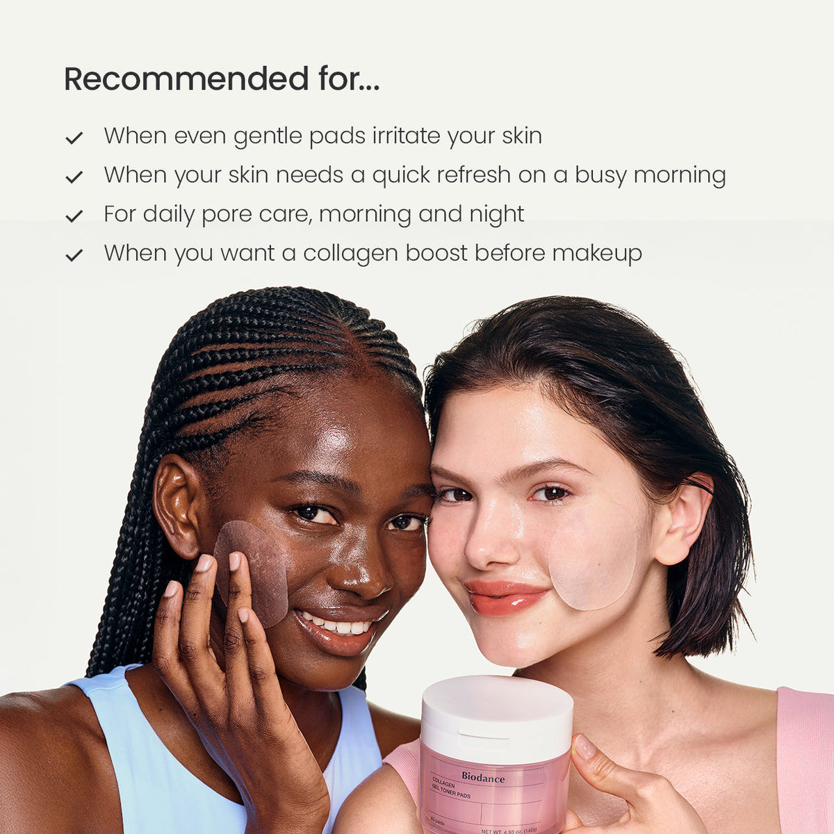 Biodance Collagen Gel Toner Pads used by two models, with a list of recommended uses