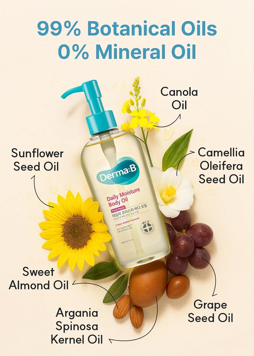 Derma:B Daily Moisture Body Oil with its botanical oils: sunflower, canola, camellia, almond, argan, grape seed