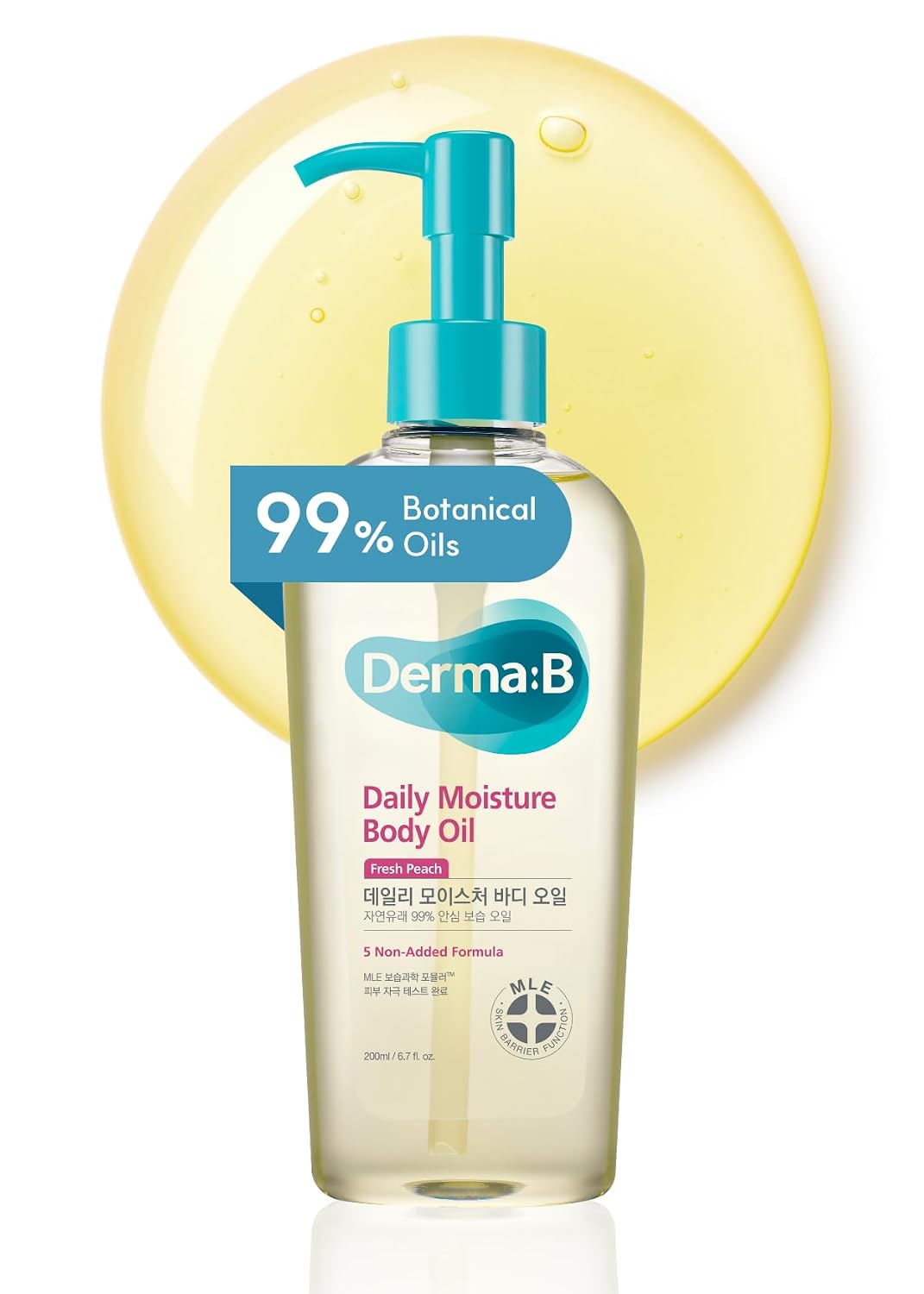 Derma:B Daily Moisture Body Oil Fresh Peach 200ml clear pump bottle with golden oil drop behind