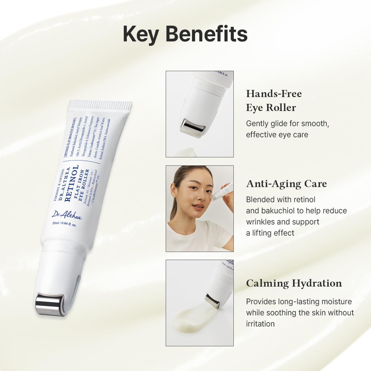 Dr.Althea Retinol Flat Iron Eye Roller key benefits: hands-free roller, retinol care, calming hydration