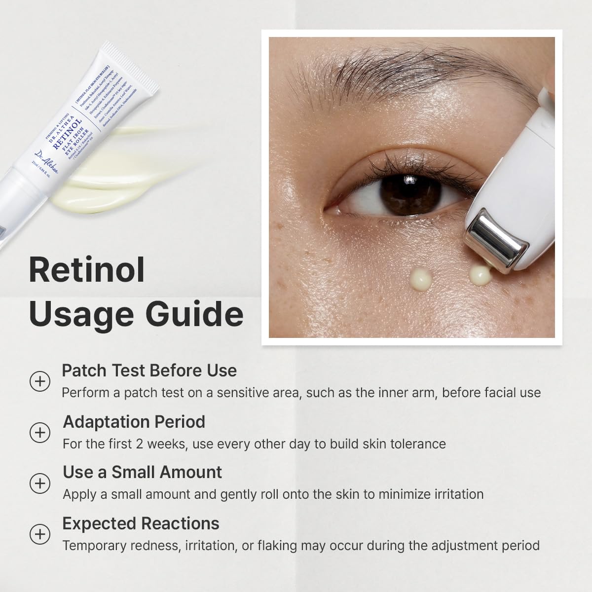 Dr.Althea Retinol Flat Iron Eye Roller usage guide with eye close-up and roller tip