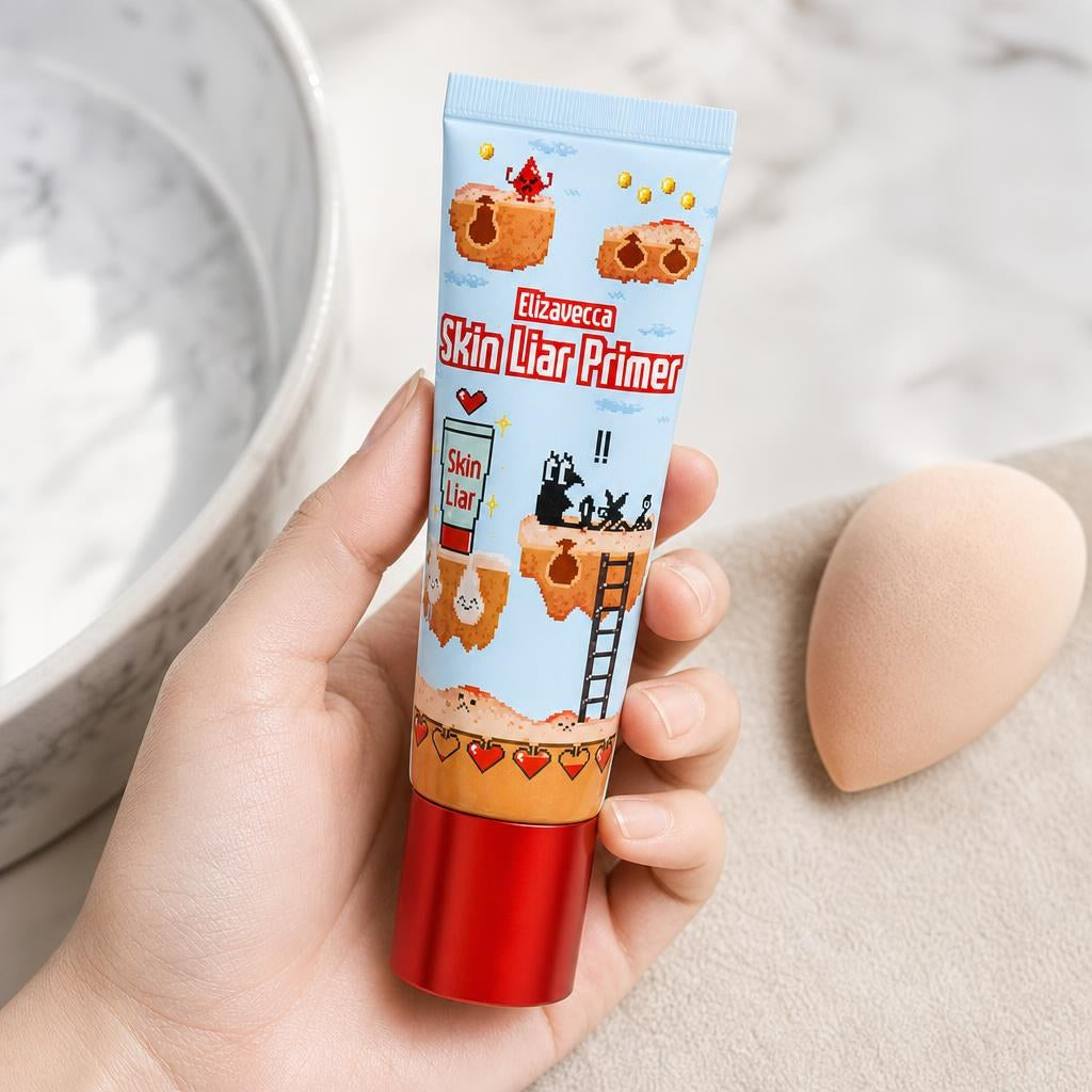 Elizavecca Skin Liar Primer 30ml tube held in a hand next to a makeup sponge