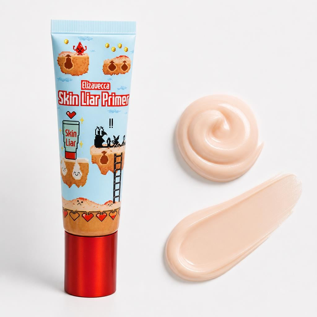 Elizavecca Skin Liar Primer 30ml pixel-art tube beside a swirl and a swipe of the peach-beige primer