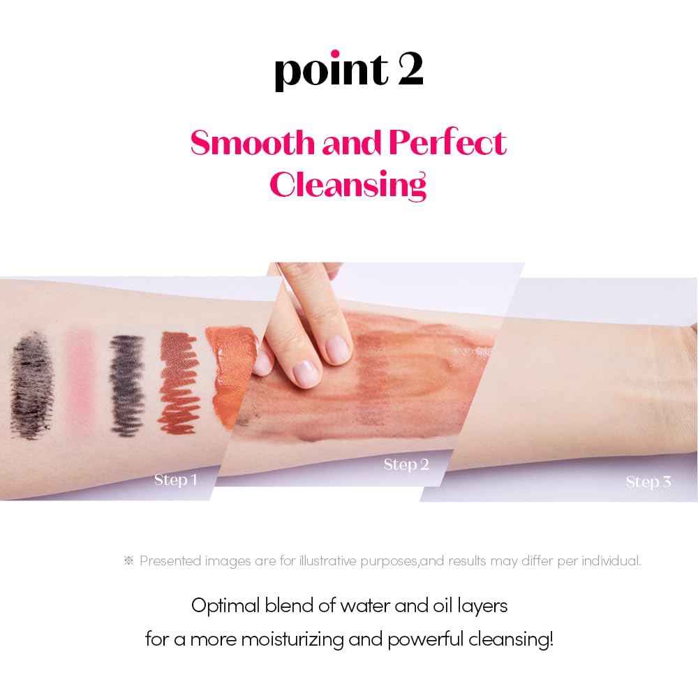 Etude Lip & Eye Remover wiping mascara and lipstick swatches off an arm in three steps