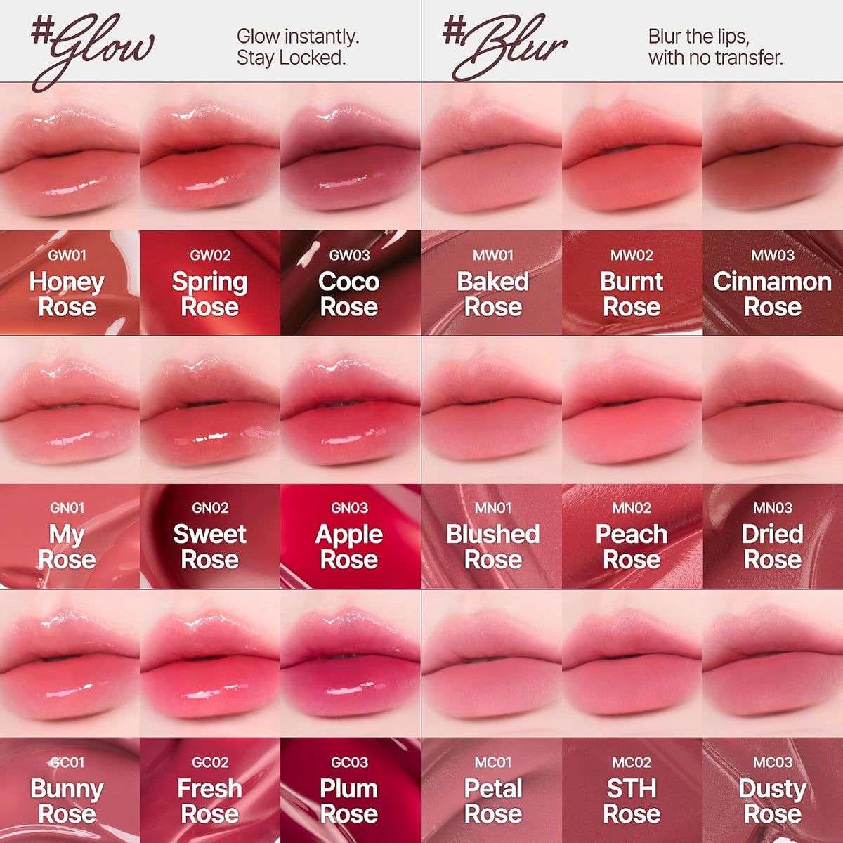 FWEE Rose Obsession Stay-Fit Lip Tint lip shade chart of Glow and Blur shades incl. Sweet, Coco and Dried Rose