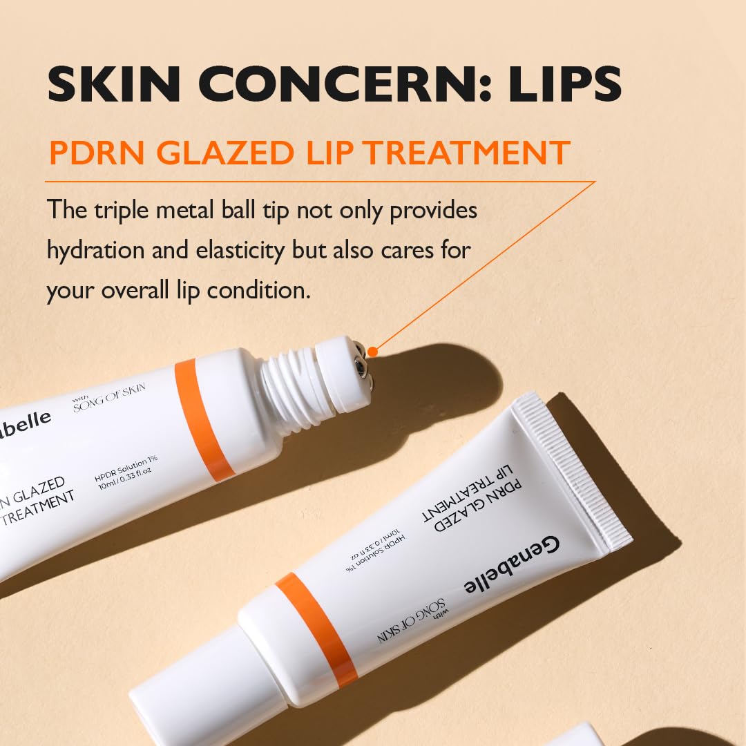 Genabelle PDRN Glazed Lip Treatment tubes showing the triple metal ball applicator tip