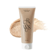 GROWUS Sea Salt Therapy Scalp Scaler 250g tan tube in front of a swatch of the grainy scrub on white