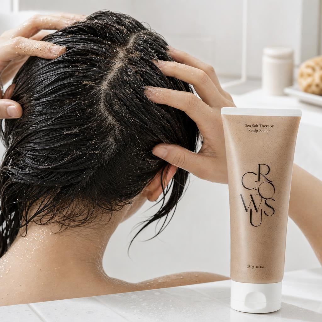 GROWUS Sea Salt Therapy Scalp Scaler 250g tube in front of a person massaging the scrub into wet hair