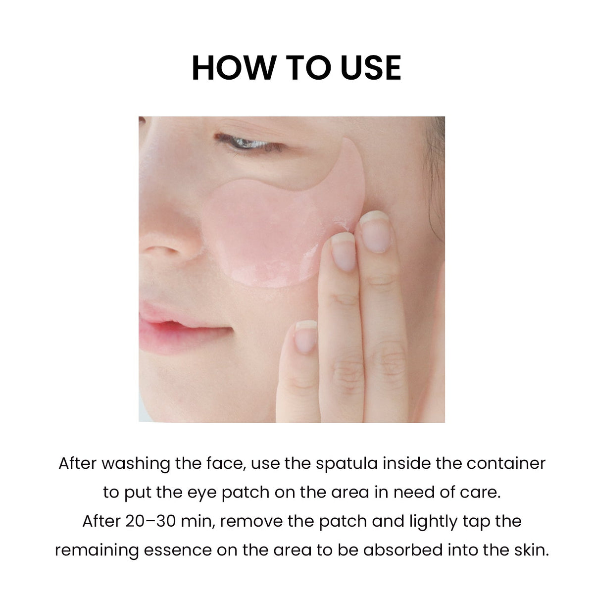 Heimish Bulgarian Rose Water Hydrogel Eye Patch how-to-use card with a patch placed under the eye