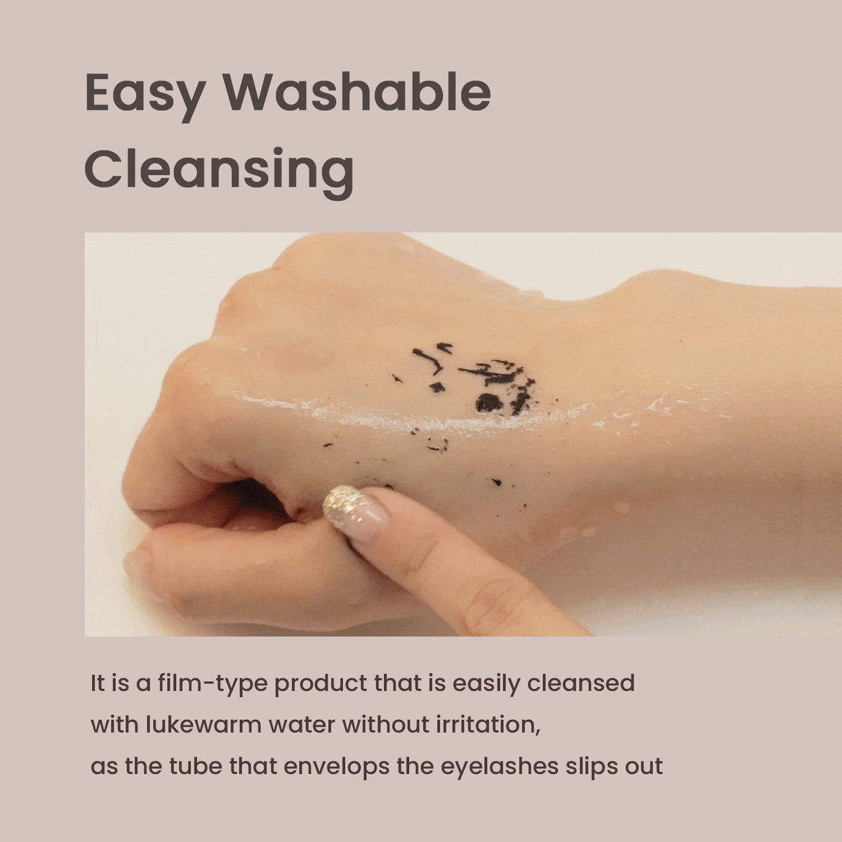 Heimish Dailism Smudge Stop Mascara tubing film sliding off the back of a hand with lukewarm water