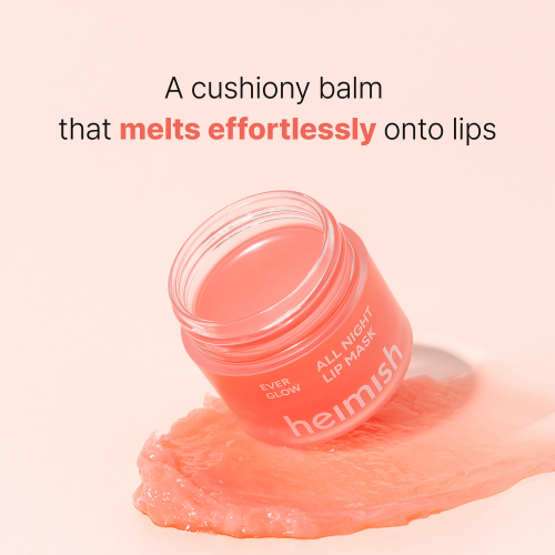 Heimish Ever Glow All Night Lip Mask open jar on melted balm, a cushiony balm that melts onto lips