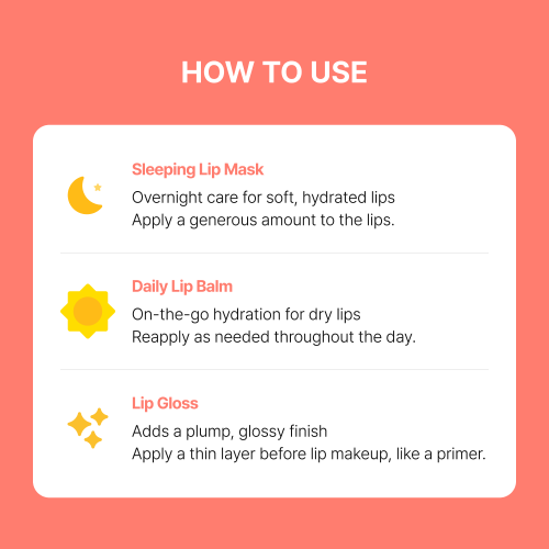 Heimish Ever Glow All Night Lip Mask how-to card: overnight mask, daily lip balm and gloss primer