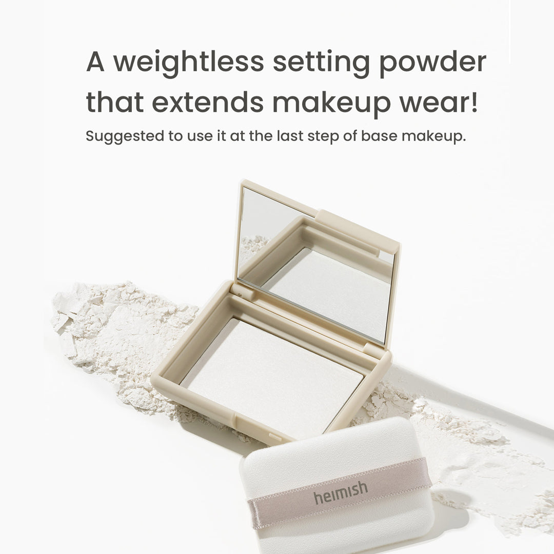 Heimish Moringa Ceramide Pressed Setting Powder open compact with mirror, white powder and puff
