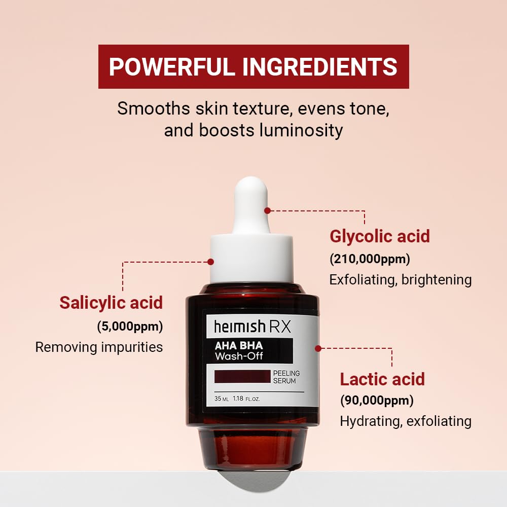 Heimish RX AHA BHA Wash-Off Peeling Serum bottle with glycolic, lactic and salicylic acid amounts
