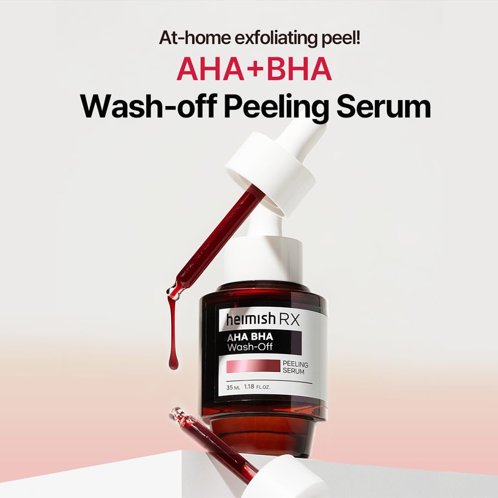 Heimish RX AHA BHA Wash-Off Peeling Serum bottle with dropper dripping red serum, at-home peel title