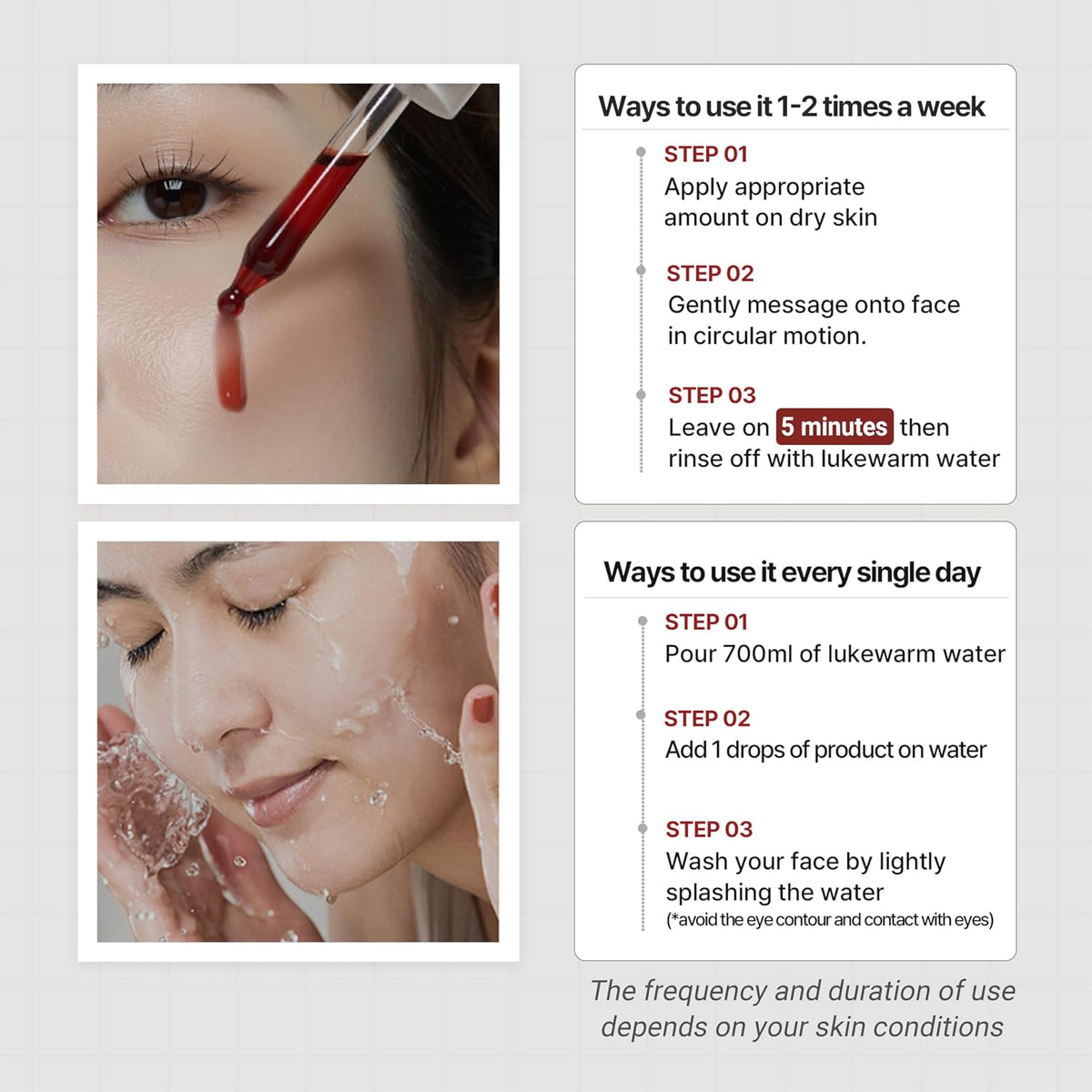 Heimish RX AHA BHA Wash-Off Peeling Serum how-to steps: weekly 5-minute peel and daily diluted face rinse