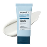 Heimish RX Hyaluronic Acid Hydrating Sunscreen SPF 50+ 50ml light blue tube with a white cream swatch on white