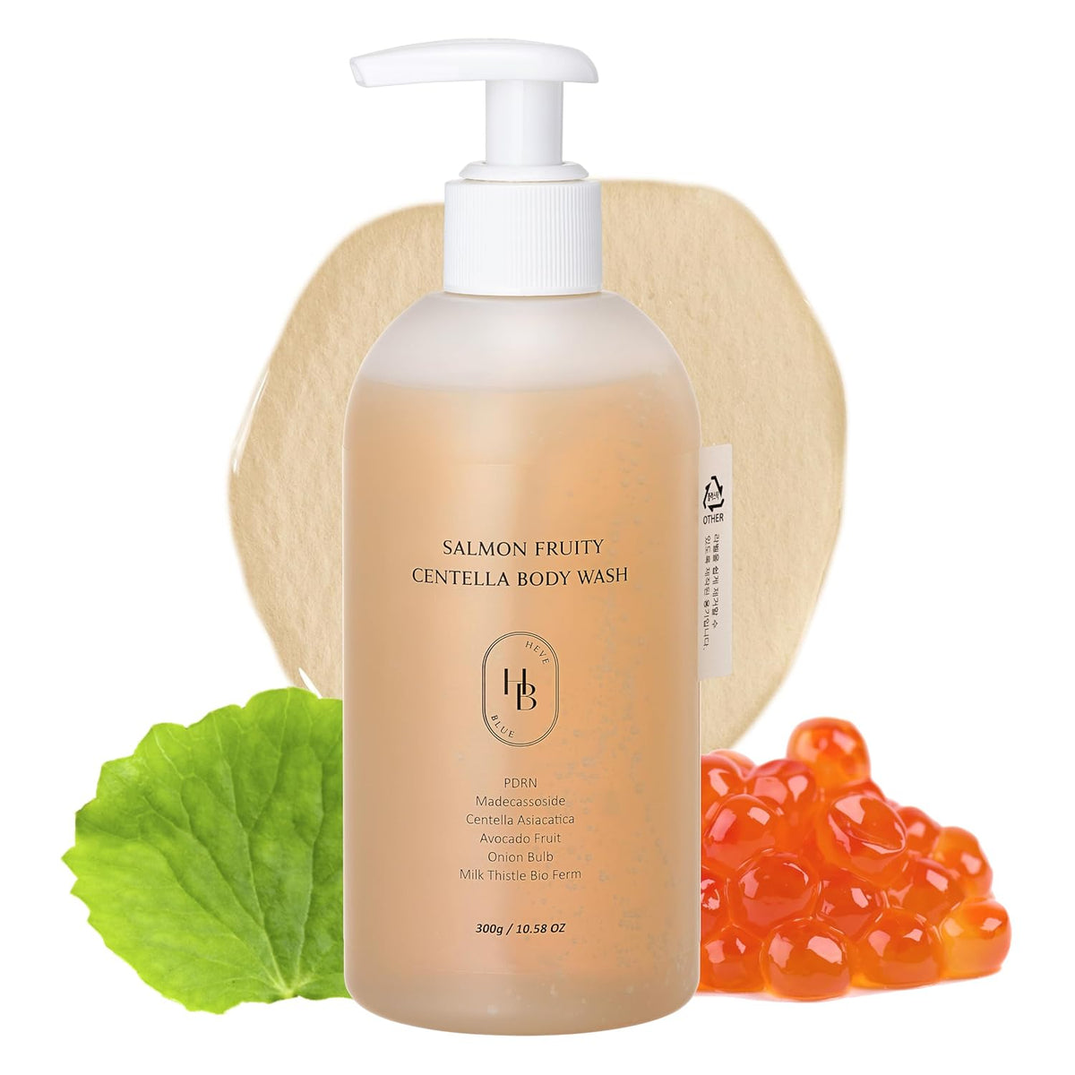 Heveblue Salmon Fruity Centella Body Wash 300g peach pump bottle with centella leaf and salmon roe