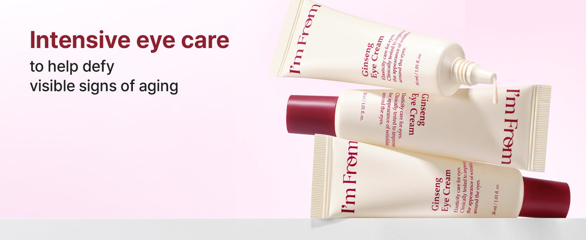 I'm From Ginseng Eye Cream, several tubes stacked on a light pink background