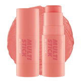 I'm Meme I'm Multi Stick Blusher 001 Rose, closed and open rosy coral-pink sticks over a cream swatch