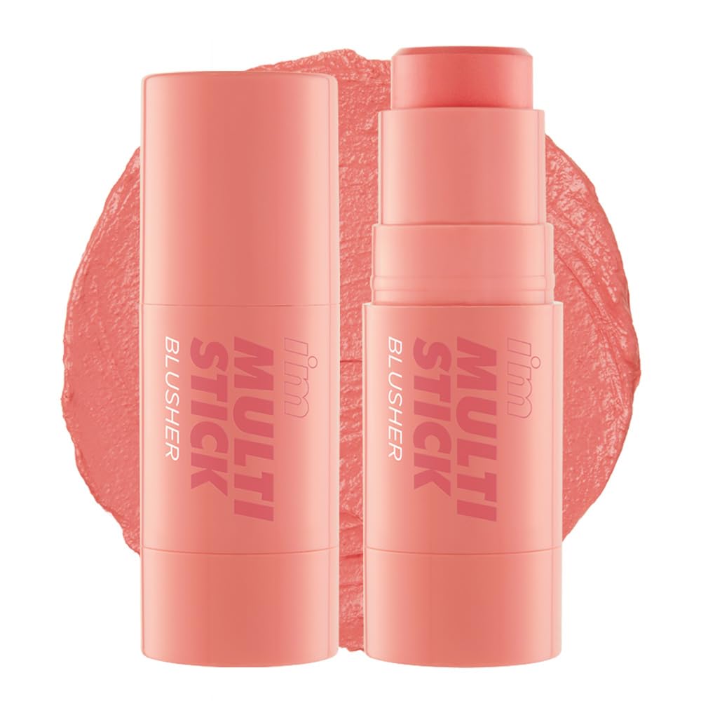 I'm Meme I'm Multi Stick Blusher 001 Rose, closed and open rosy coral-pink sticks over a cream swatch