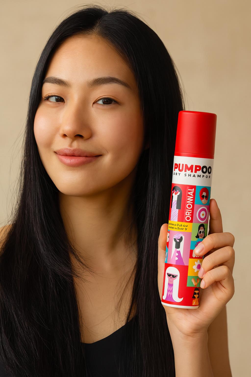 Woman with long glossy hair holding Pumpoo dry shampoo