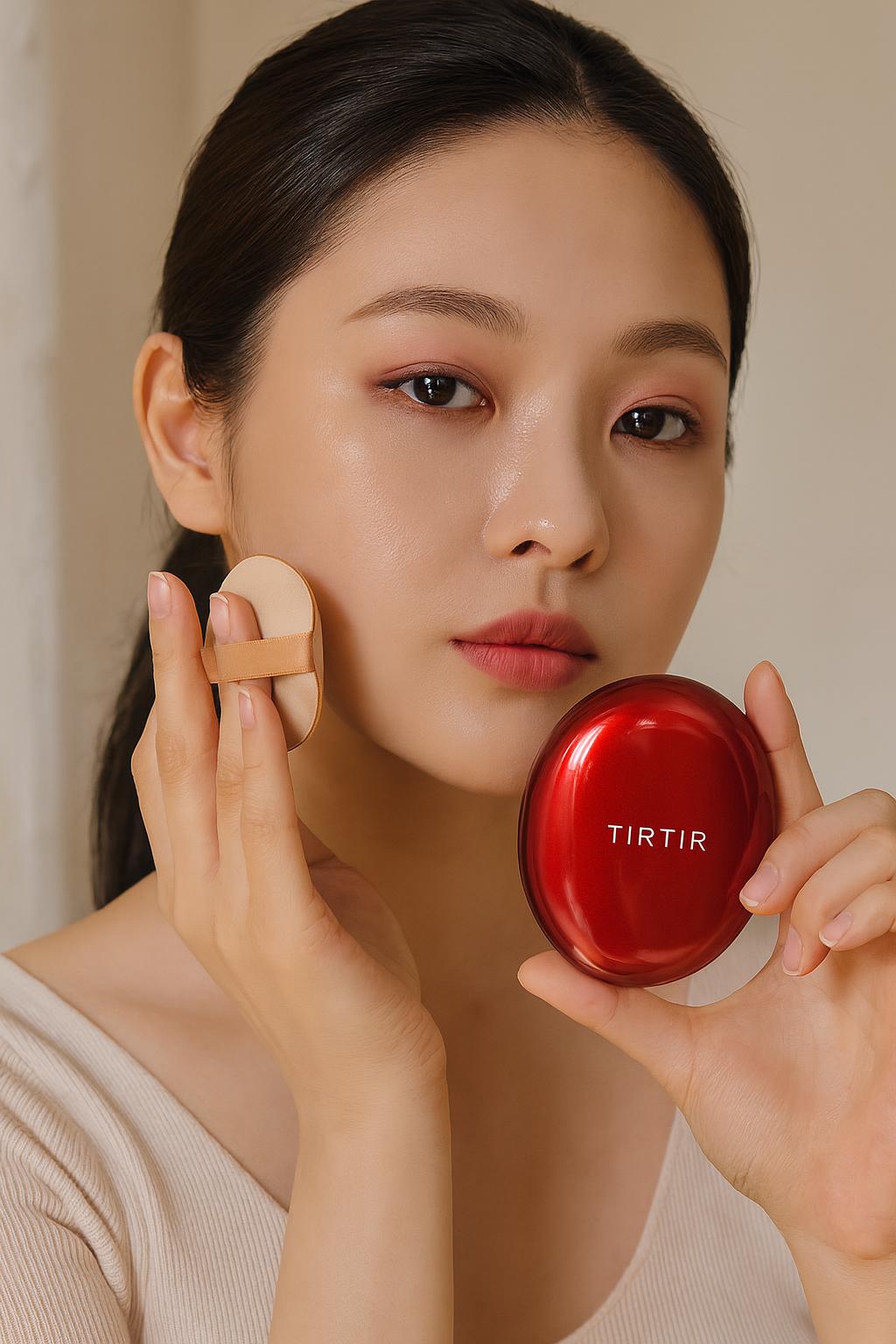 Woman applying cushion foundation, holding a TIRTIR Mask Fit Red Cushion