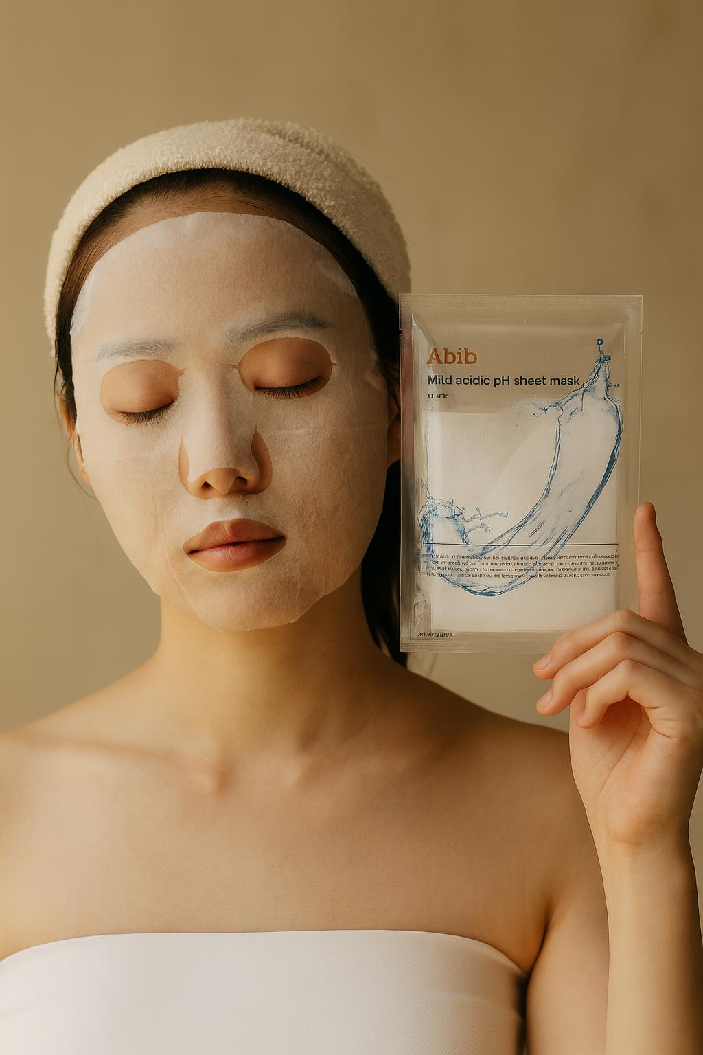 Woman wearing a sheet mask holding an Abib sheet mask pouch