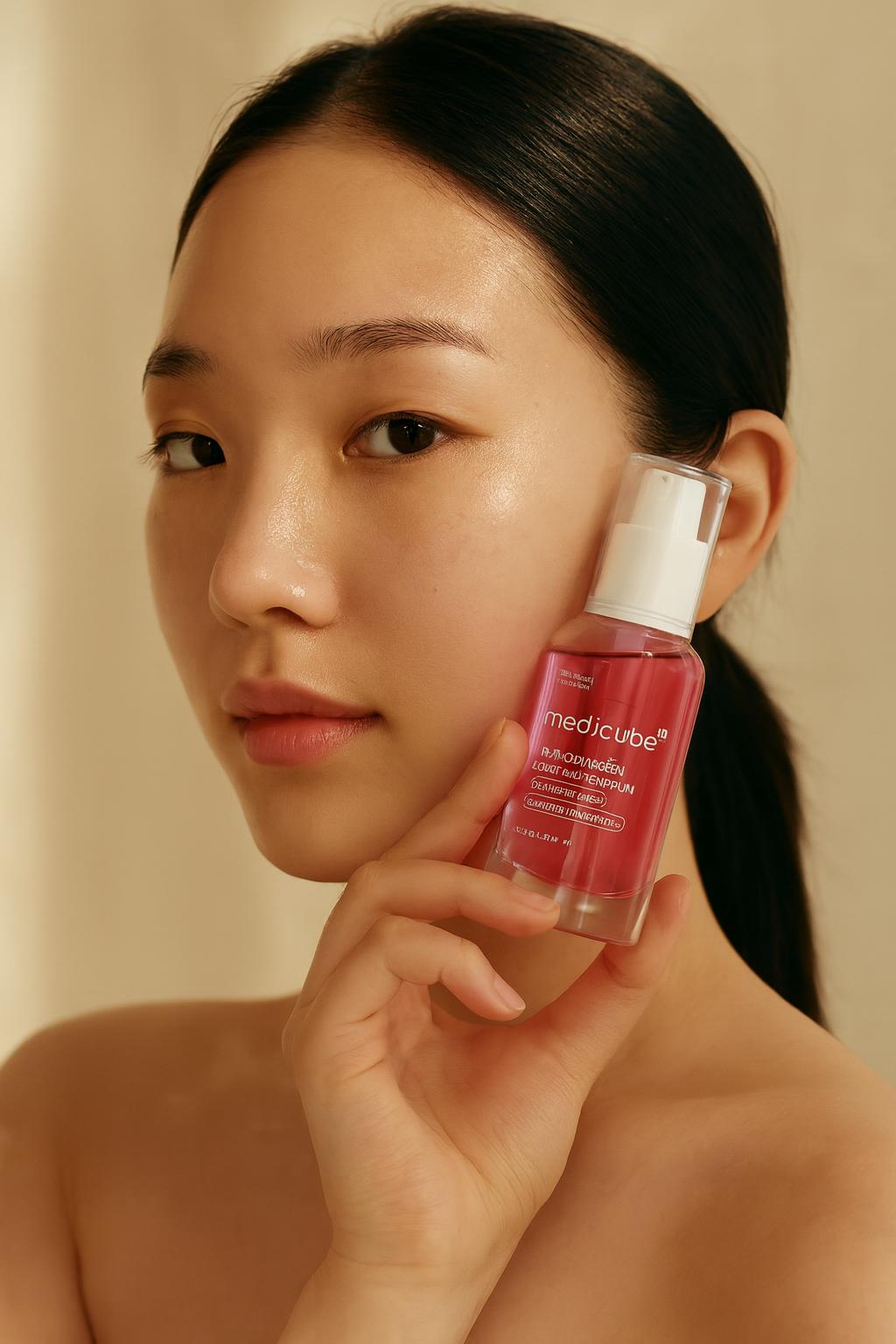 Woman holding a Medicube PDRN serum beside her cheek