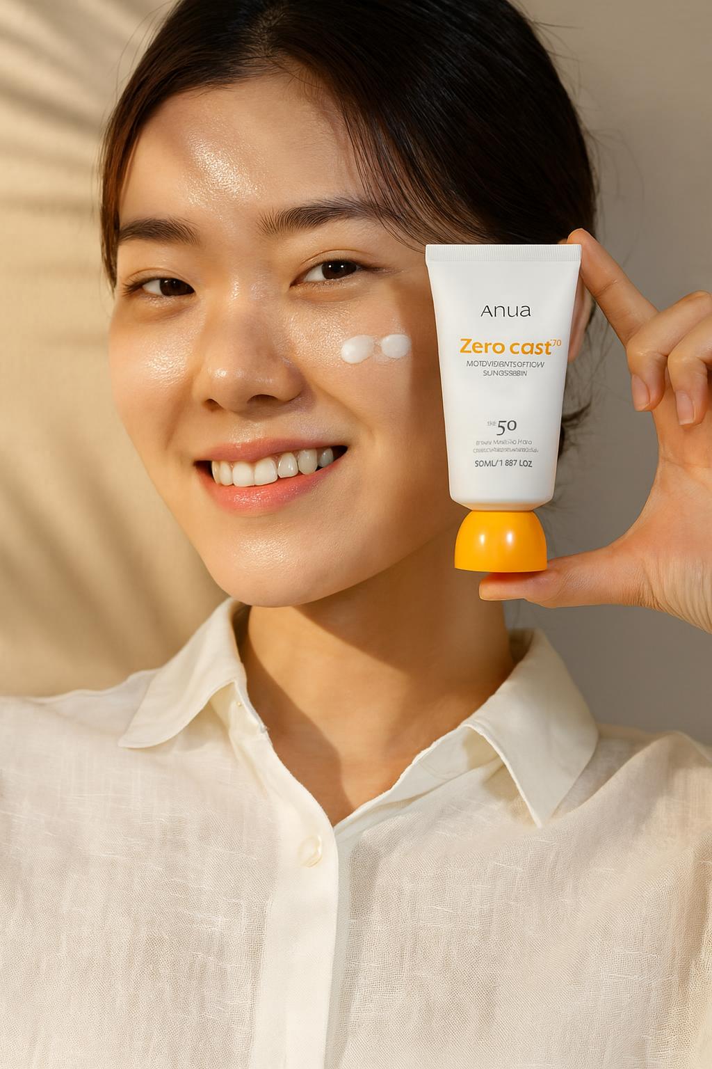 Smiling woman with sunscreen dots holding Anua Zero-Cast sunscreen