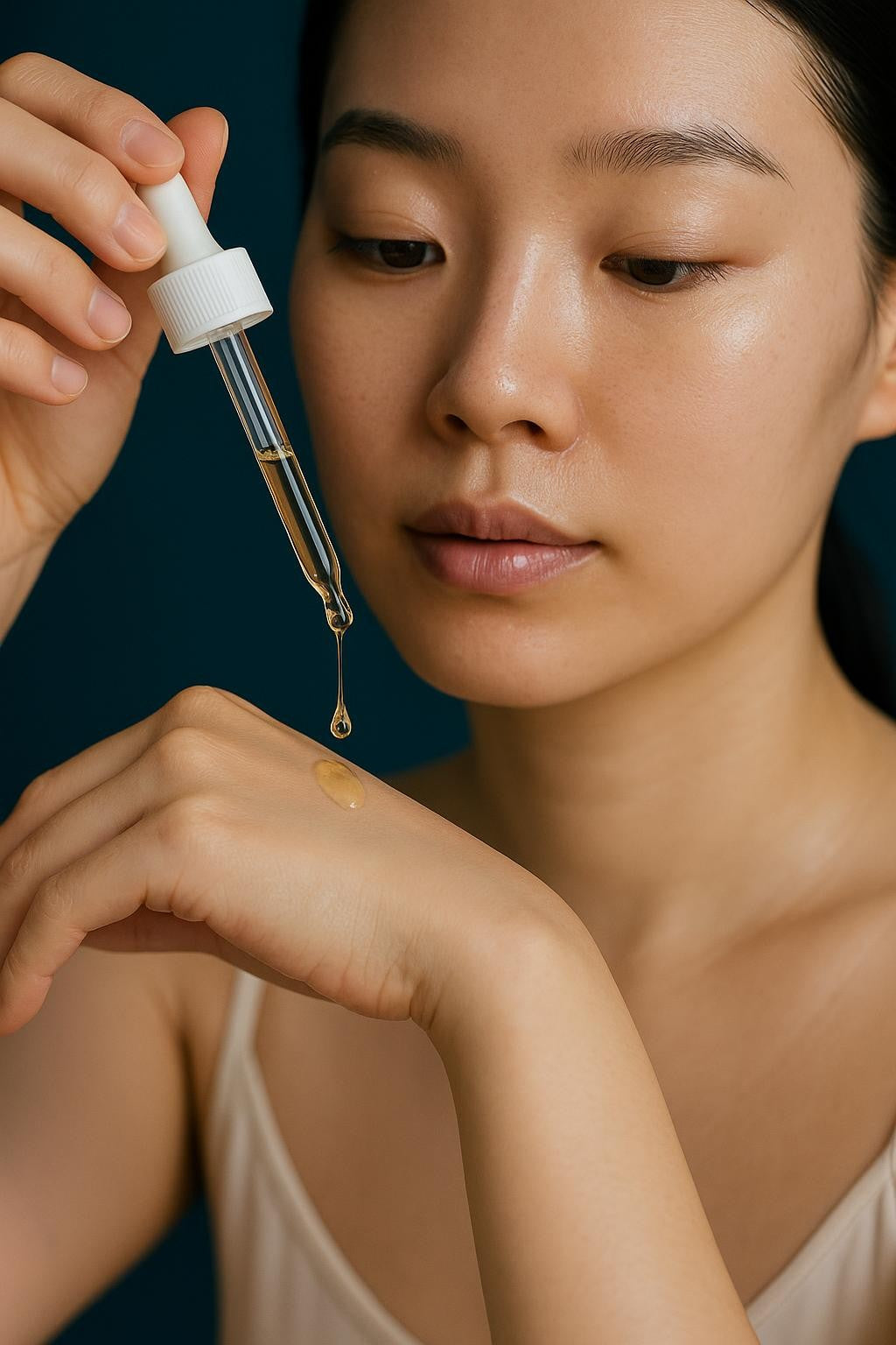A serum drop falling from a glass pipette