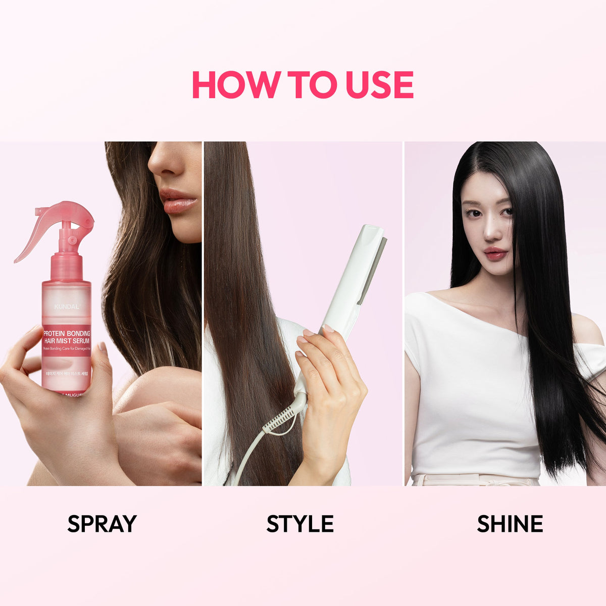 Kundal Protein Bonding Hair Mist Serum Violet Muguet how-to: spray the pink bottle, style, shine