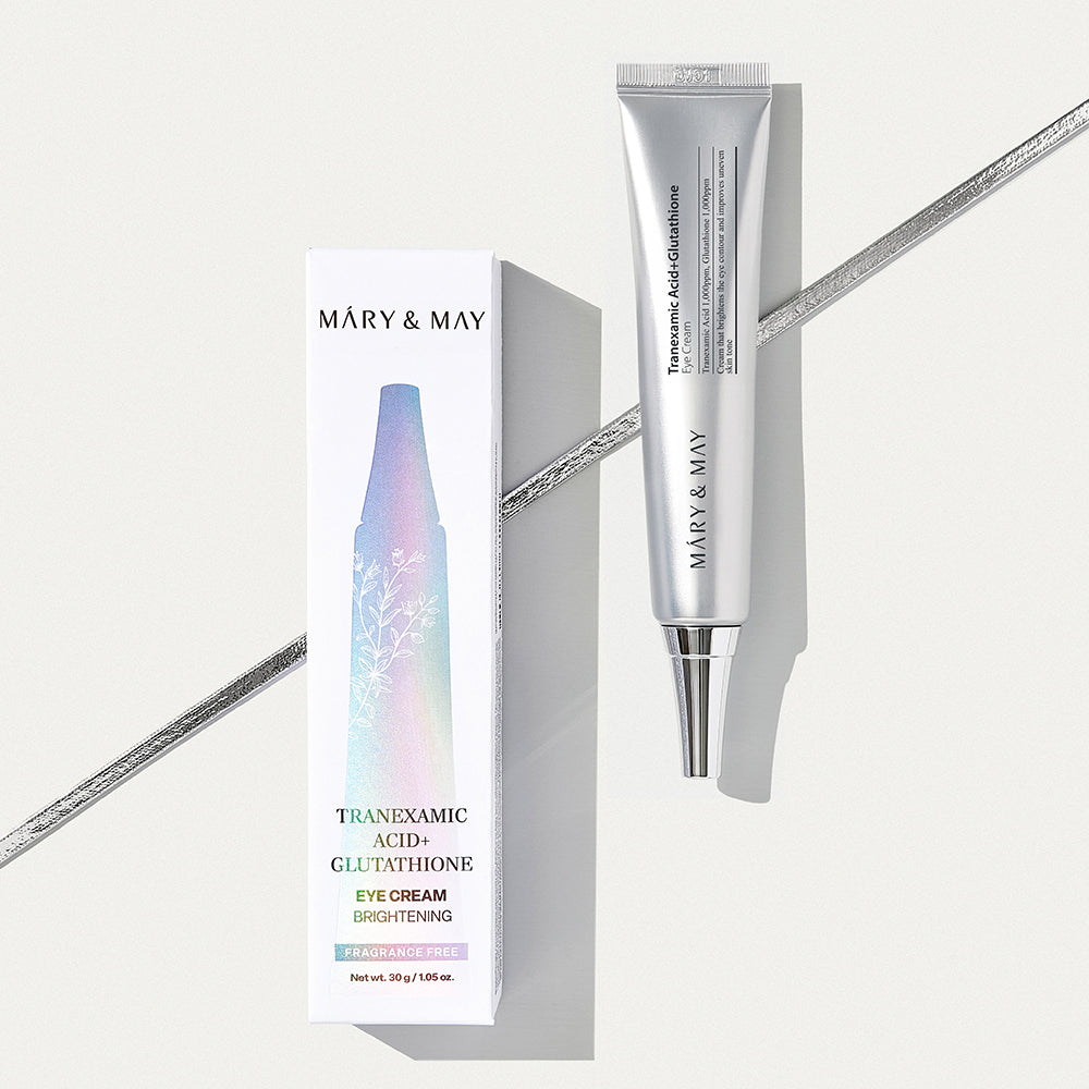 Mary&May Tranexamic Acid + Glutathione Eye Cream silver tube with its holographic white box