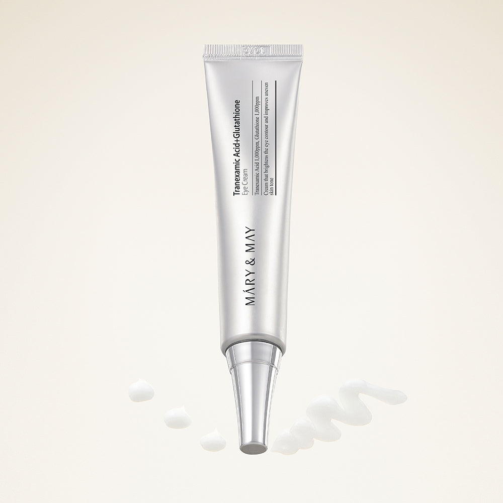 Mary&May Tranexamic Acid + Glutathione Eye Cream tube with a smear of the soft white cream